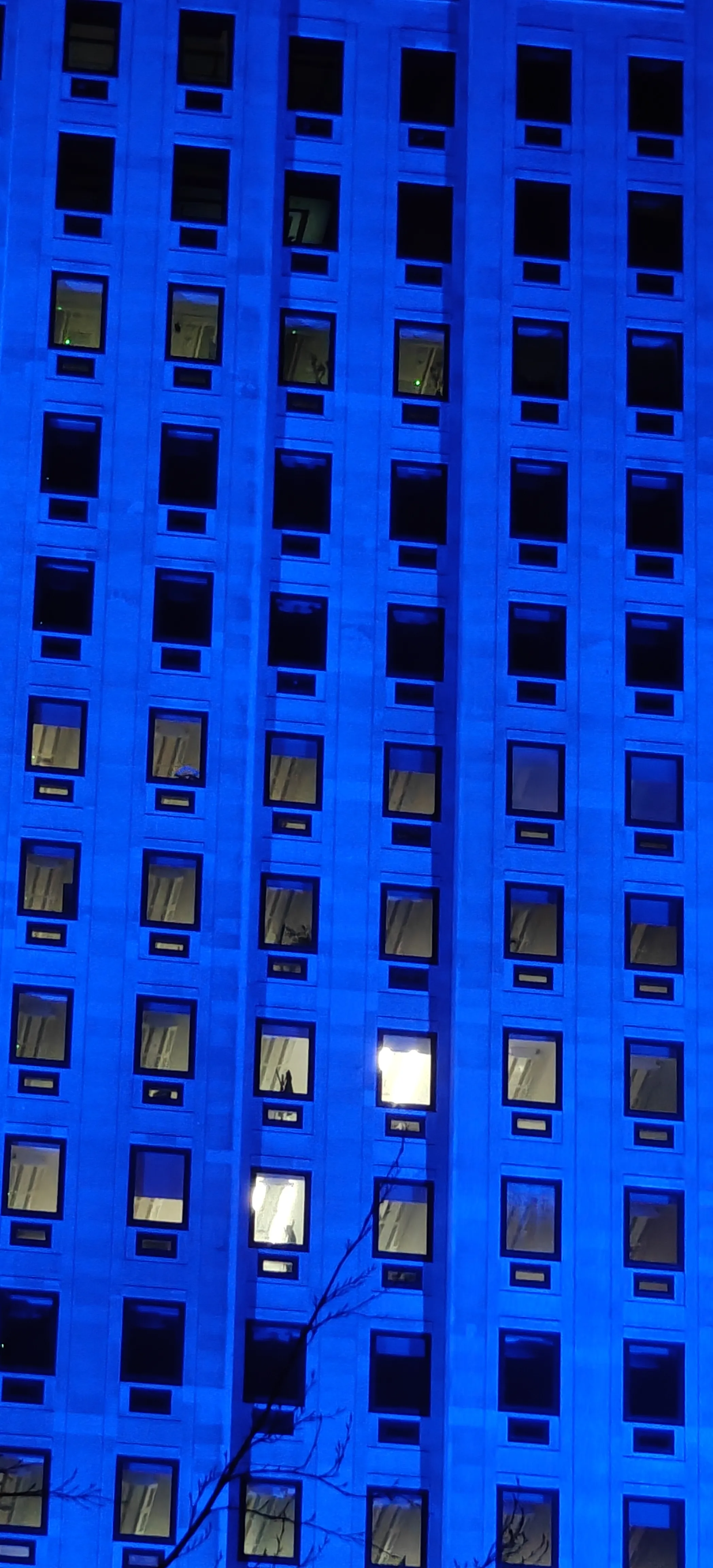 A blue-lit building facade with a grid of windows.